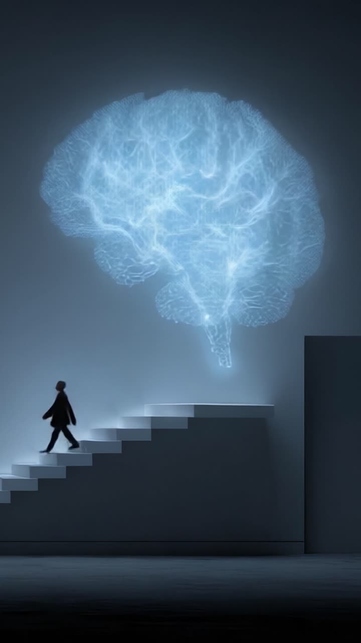 A mesmerizing journey through the neural pathways, as a figure ascends steps illuminated by a brilliant representation of a brain’s intricate connections and thoughts