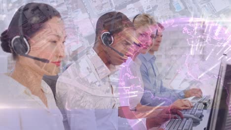 animation of data processing over diverse business people using phone headsets