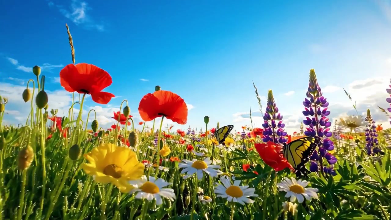 Paesaggio Floreale Vibrante Sotto un Cielo Azzurro Sereno: Una Vista Panoramica di Fiori di Campo e Prati Verdi Illuminati dalla Luce Naturale