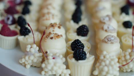 Beautiful-white-chocolate-desserts-with-berries-at-buffet,-close-up-pull-out