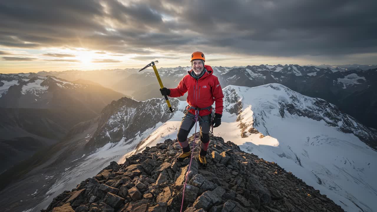 Mountaineer on a Rocky Summit with Ice Axe at Sunset