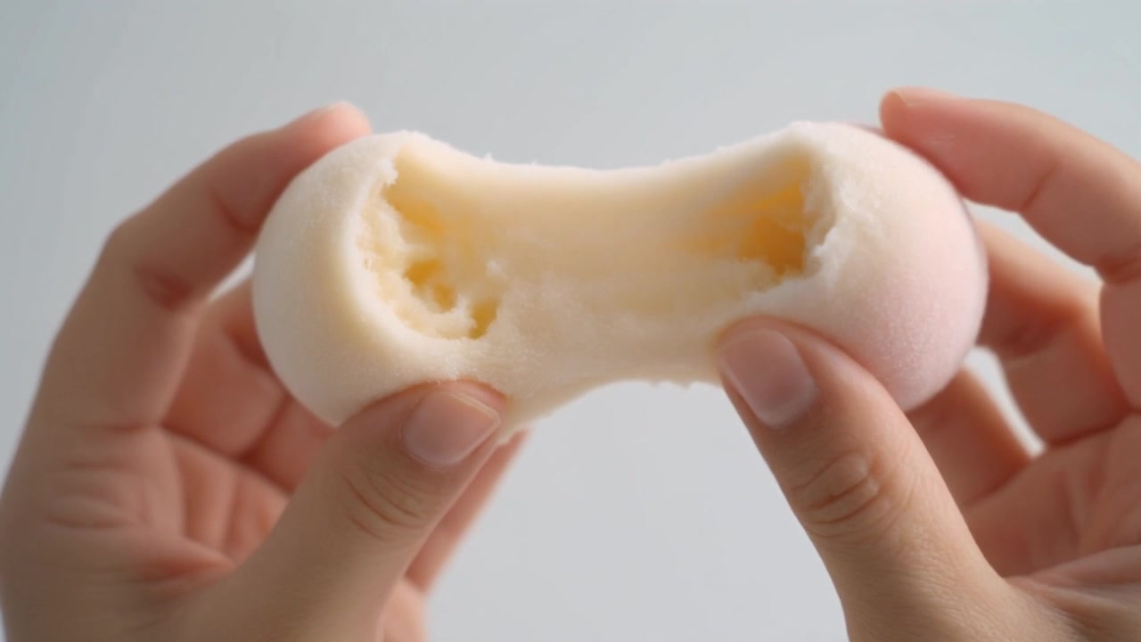 Hands Stretching Soft Pink Mochi Dessert