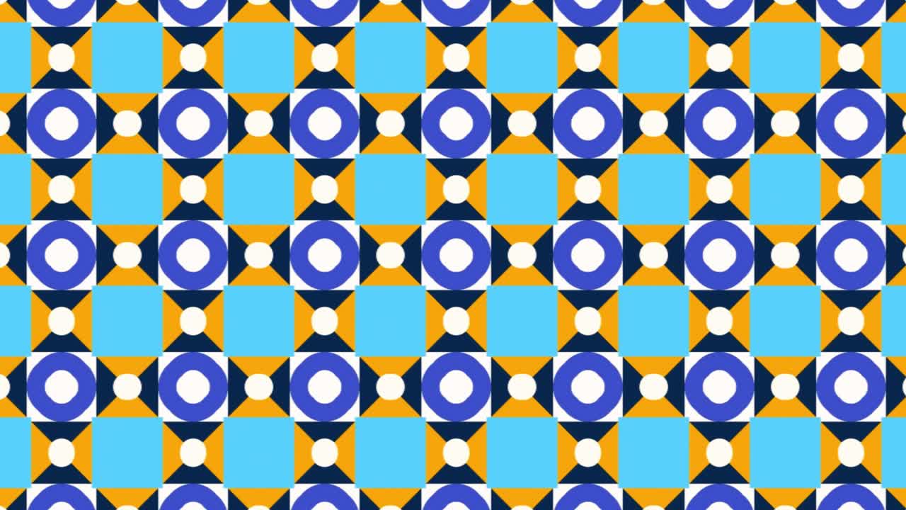 Colorful Geometric Pattern Symmetrical Grid of Circles, Squares, and Triangles in Blue, Orange, and White with Optical Illusion and Slide Animation Effect