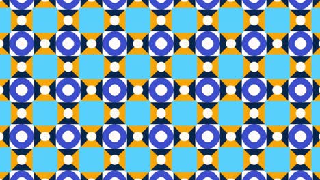colorful geometric pattern symmetrical grid of circles, squares, and triangles in blue, orange, and white with optical illusion and slide animation effect