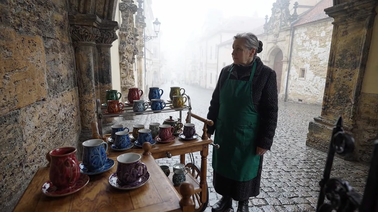 Un venditore ambulante nella nebbia espone tazze artigianali colorate in un tranquillo vicolo acciottolato in una giornata nebbiosa, enfatizzando l'artigianato e la cultura locale