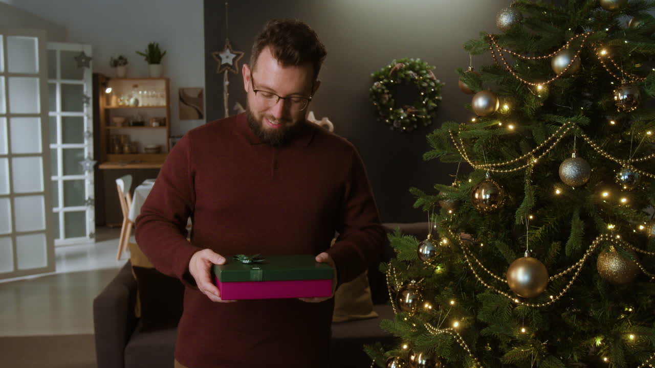 Man holding Christmas gift near Christmas tree