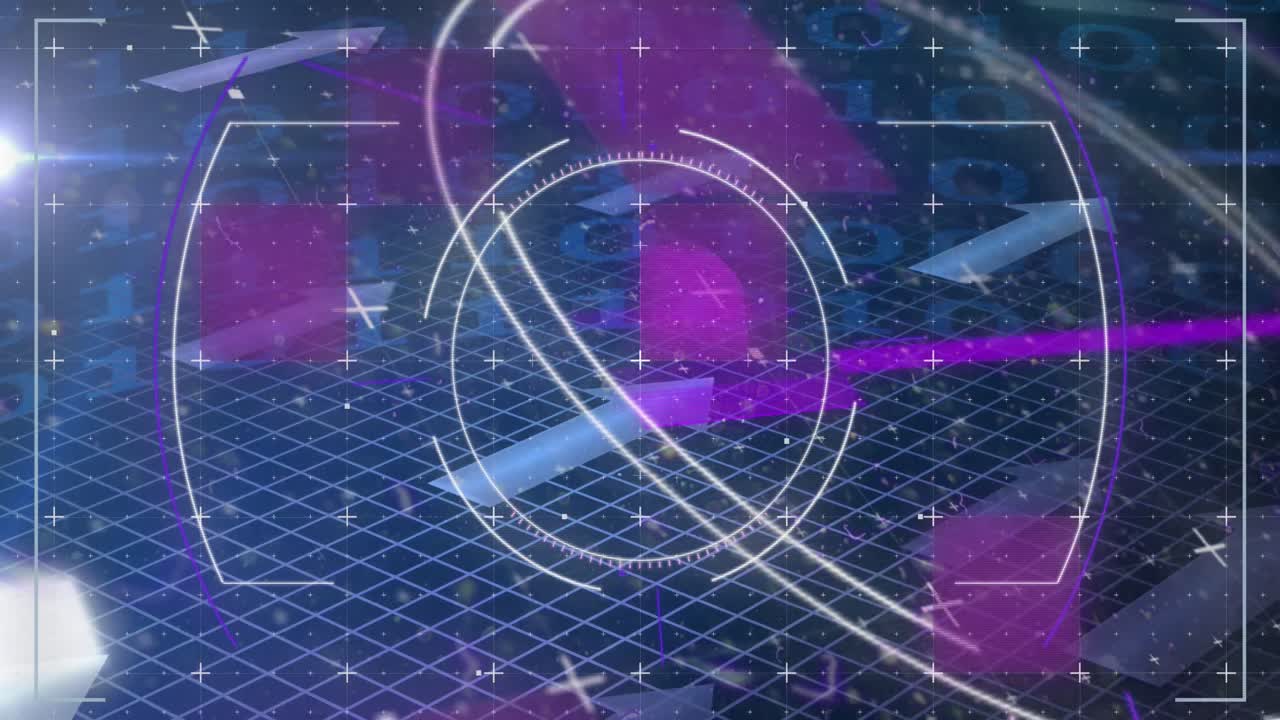 사각형, 화살표, 원과 이진 코드가 있는 다채로운 글리치 기법의 애니메이션