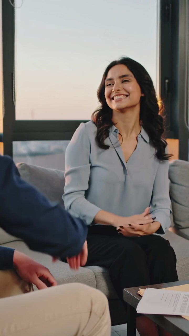 Vertikal video: Kvinde i blå top rejser sig og giver en mand high-five på sofaen i loungen, mens de jubler med papirer.