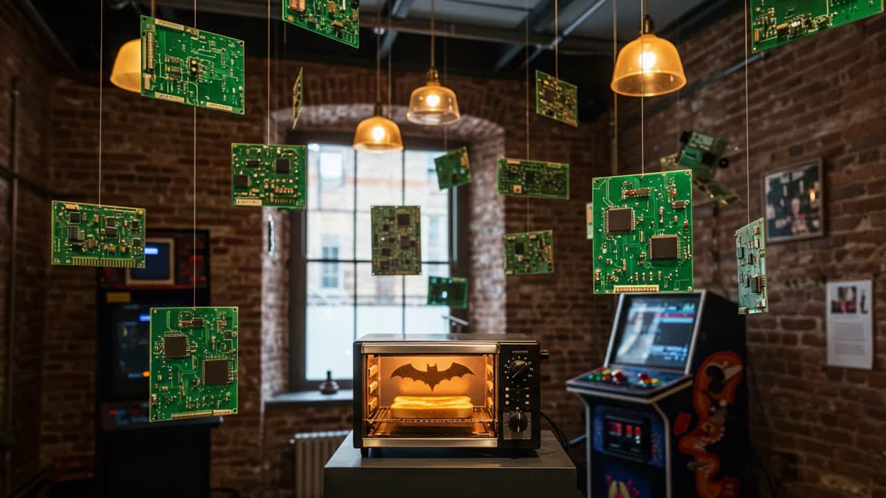 A Unique Display of Floating Circuit Boards in a Modern Art Installation Featuring a Microwaved Bat Symbol, Blending Technology and Creativity in a Captivating Environment