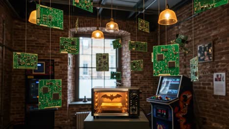 a unique display of floating circuit boards in a modern art installation featuring a microwaved bat symbol, blending technology and creativity in a captivating environment