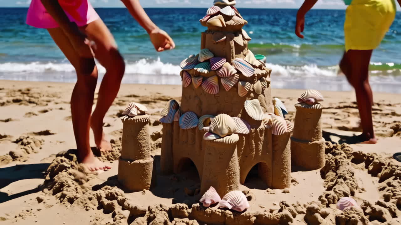 어린이 들 이 해변 에 모래 성 을 짓고 있다