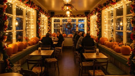 a cozy, autumn-themed café interior adorned with pumpkins and twinkling lights, perfect for enjoying the season's comforts in a warm atmosphere