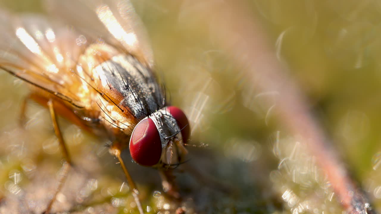 Macro: Detailed view of a fly feeding on damp, drying algae, extracting moisture at the water's edge