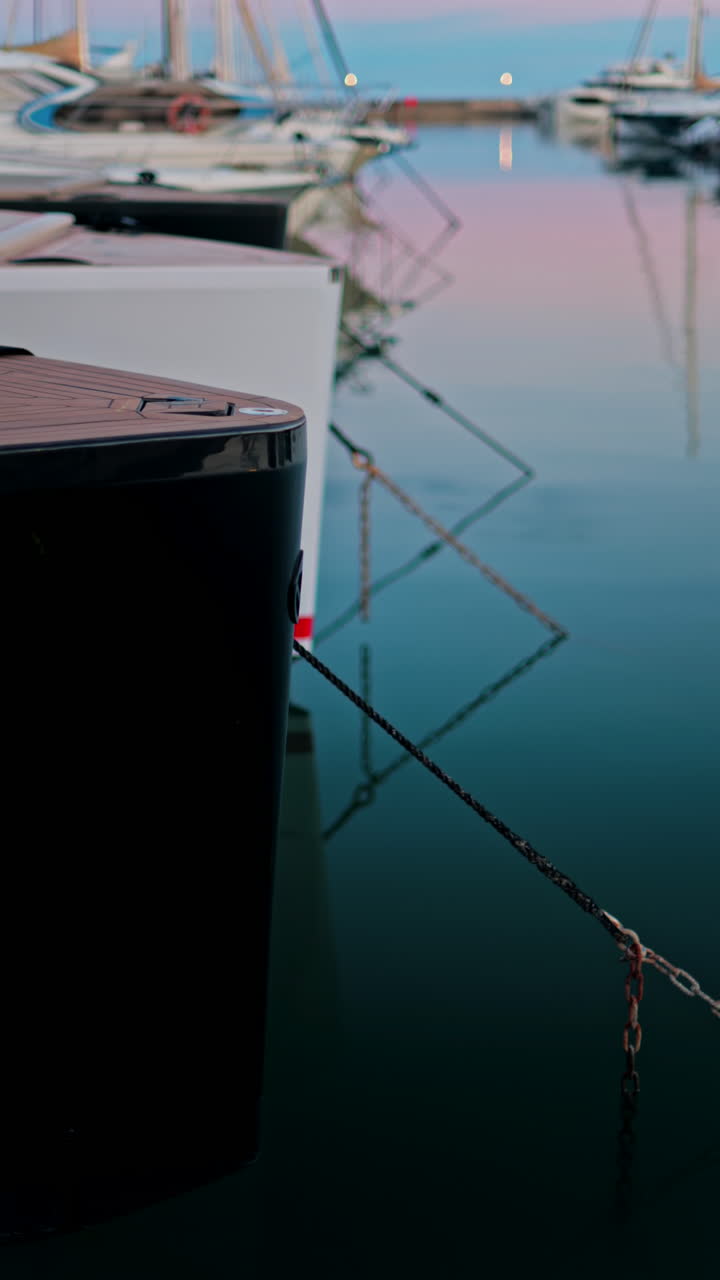 Mehrere weiße Boote liegen im Port Vauban bei Sonnenuntergang in Antibes, Frankreich, vor Anker. Vertikal