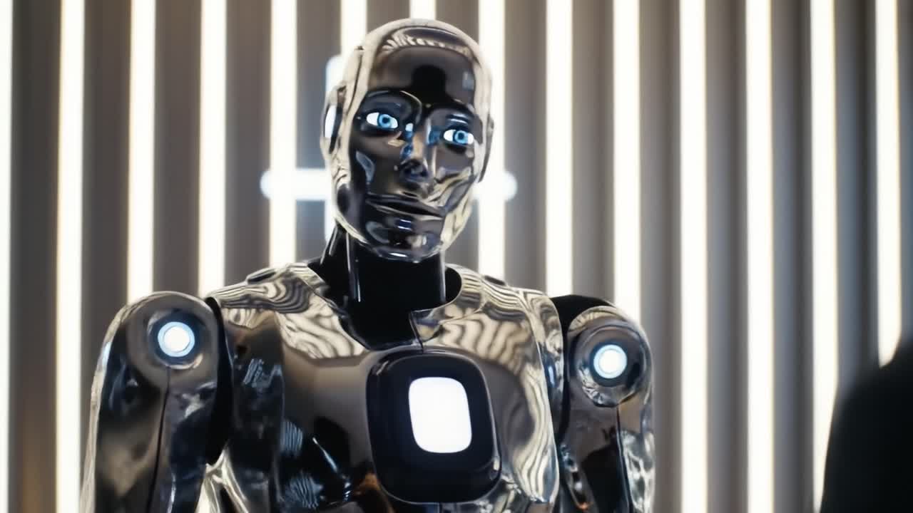 A Futuristic Interaction with an Advanced Humanoid Robot Showcasing Expressive Features and Cutting-Edge Technology in a Modern Setting