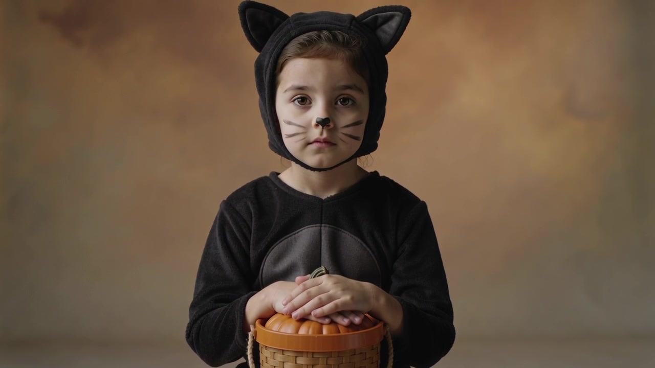 Niño pequeño con disfraz de gato negro sosteniendo una cesta de calabaza