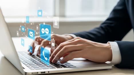 business communication concept with icons emerging from a laptop keyboard