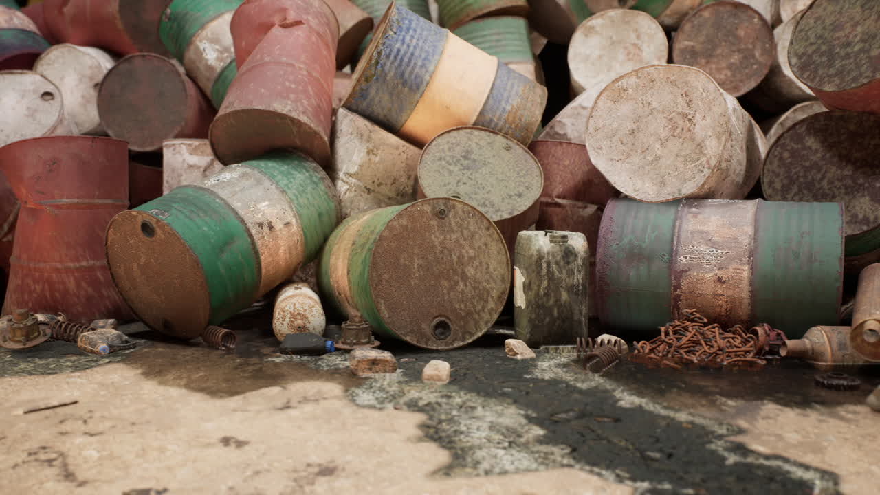 Abandoned industrial site with rusty barrels and spilled liquid in daylight