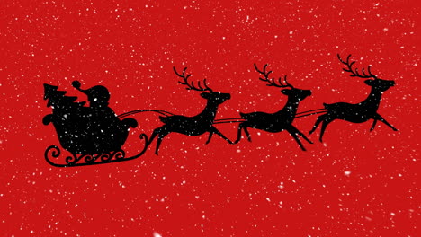 animation of snow falling over santa claus in sleigh with reindeer on red background