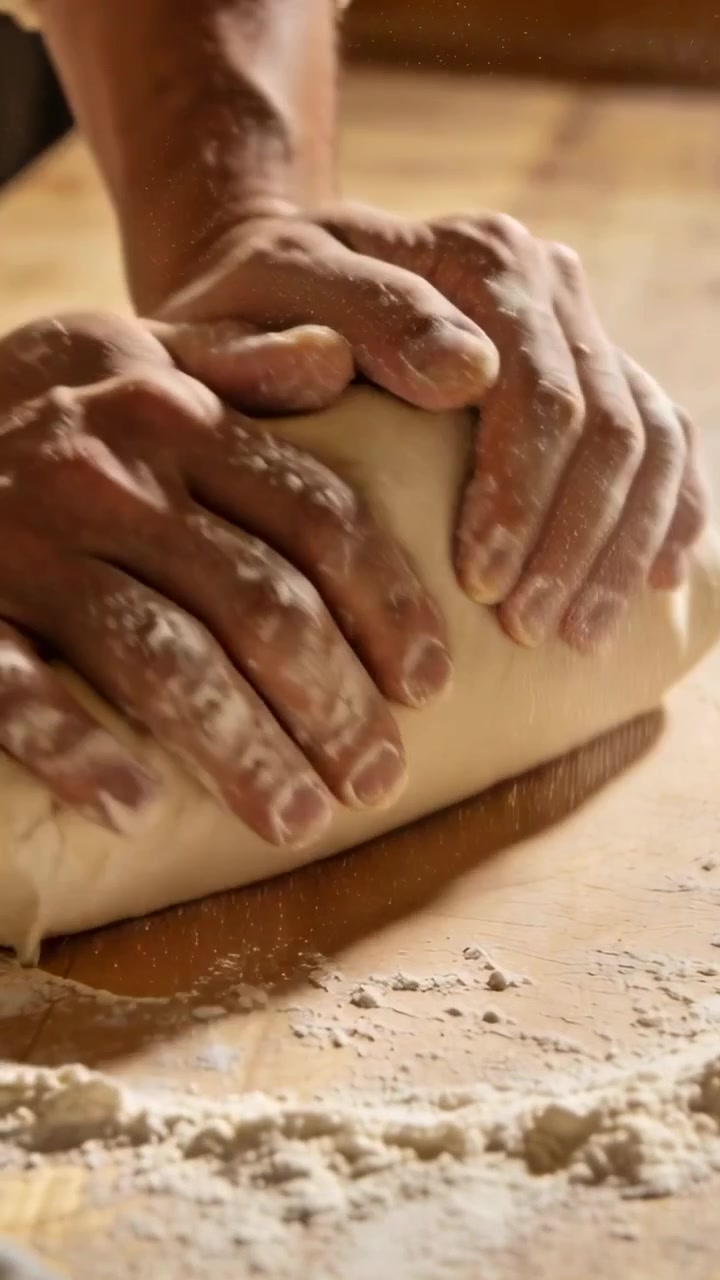 Vertical video: Kneading hands pressing into dough on floured board in ribbed cuff shaping to bake