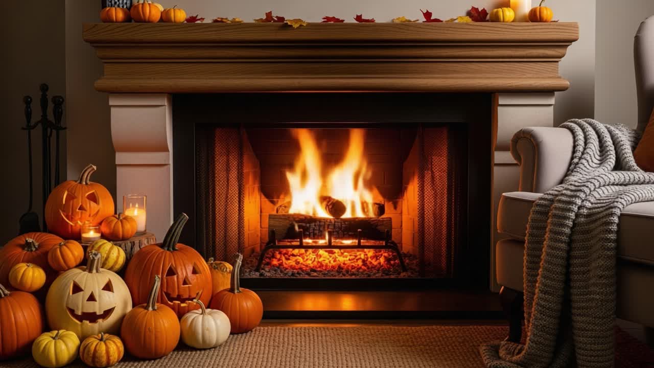 A Cozy Halloween Scene Featuring a Warm Fireplace Surrounded by Festive Pumpkins and Autumn Decor, Evoking a Warm Atmosphere for Seasonal Gatherings