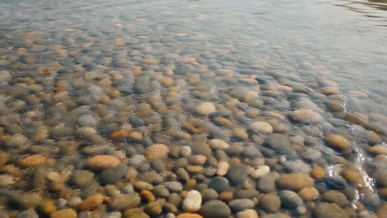 Clear Shallow Water Over Pebbles, Soft Sunlight Glinting On Rippling Surface, Slow Gentle Waves Revealing