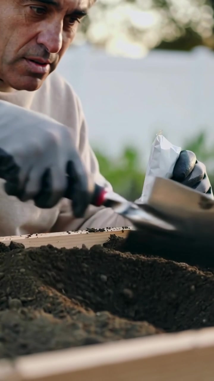 Vertical video: Opening seed pack, man beige top, gloves seeding in planter with trowel, copy space