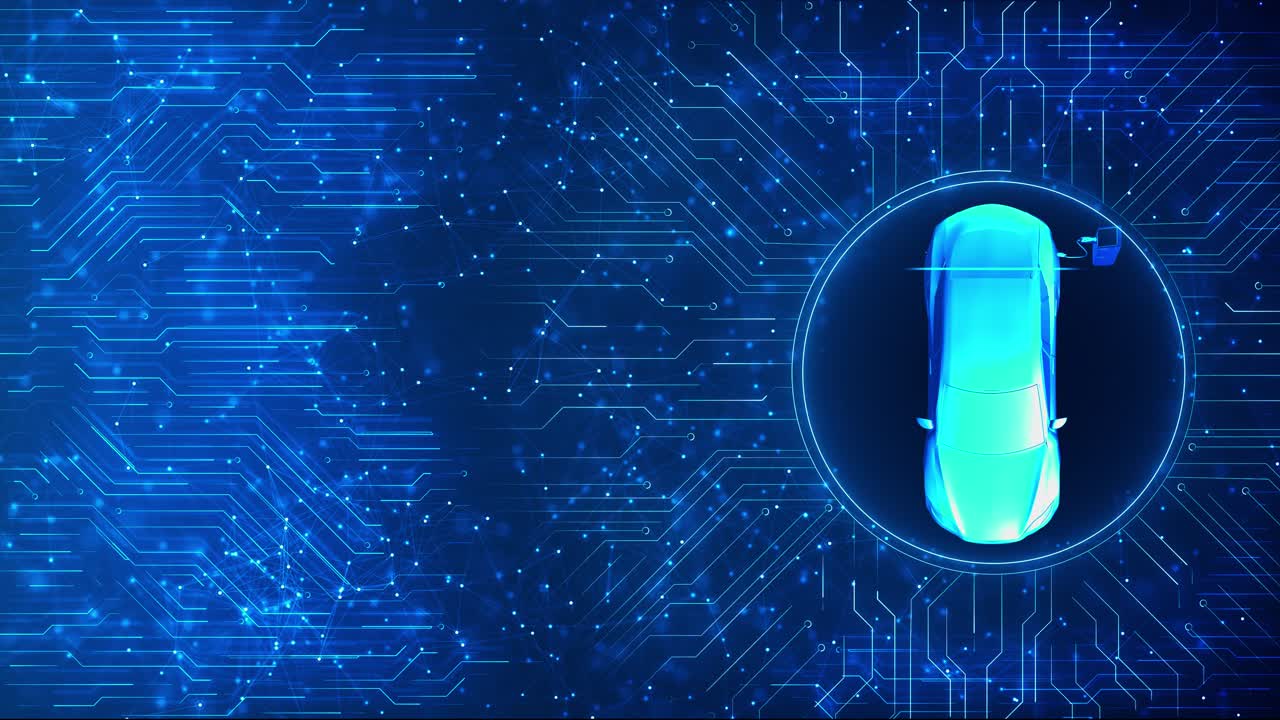 Video footage of futuristic digital plexus circuit showcasing glowing car icon inside neon ring