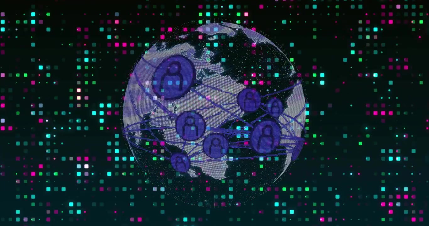 Ved start roterer en globus, der viser lande med pulserende lilla noder, som forbinder og visualiserer et globalt netværk
