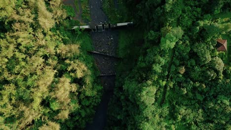 overhead drone footage of trucks at the bottom of a large dry river surrounded by trees