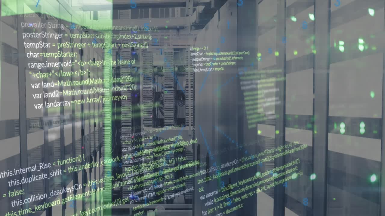 animación del lenguaje de programación con puntos brillantes sobre la sala del servidor