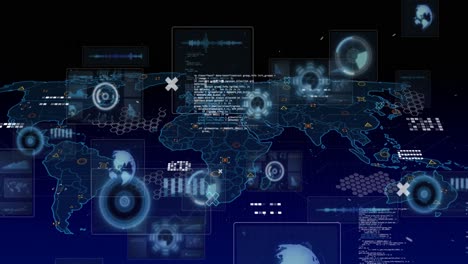 Animation-of-scopes-scanning,-data-processing-and-markers-over-world-map