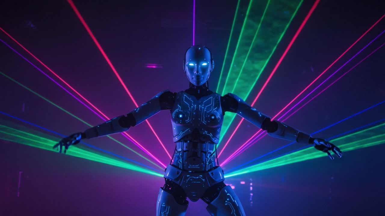 A Futuristic Robot Dances Amidst a Spectacular Laser Light Show, Showcasing Stunning Neon Colors and Advanced Technology in a Hypnotic Atmosphere