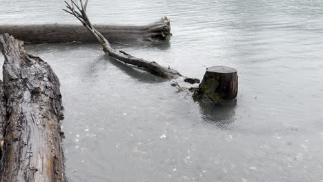 Rainy-day-at-Walensee-lake-with-ripples-formed-by-raindrops-near-shore