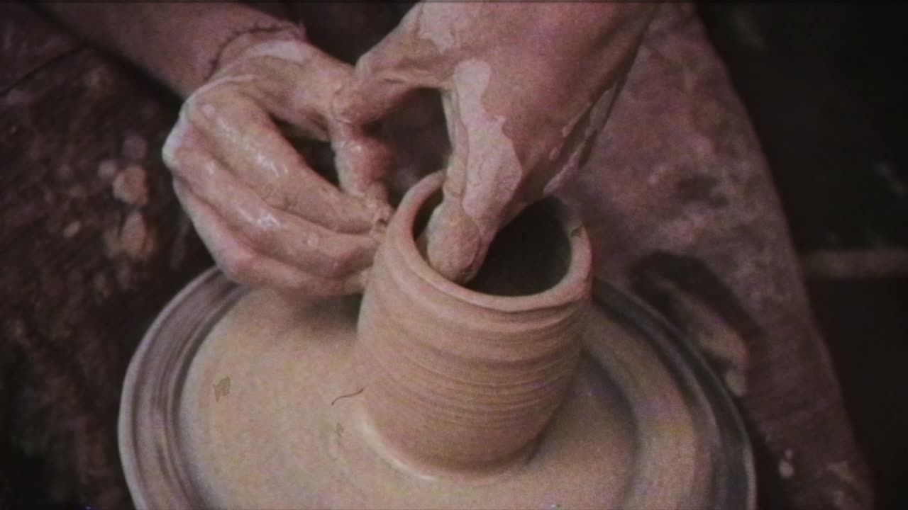 Il vasaio crea una brocca d'argilla. Effetto vintage. Un uomo realizza un vaso al tornio da vasaio