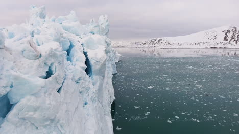 large glacier in frozen mountainous landscape, close up drone