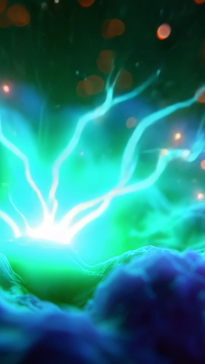 Un viaggio visivo mozzafiato nel cuore di un vibrante, etereo paesaggio cosmico ricco di particelle luminose e ipnotiche onde di luce colorata