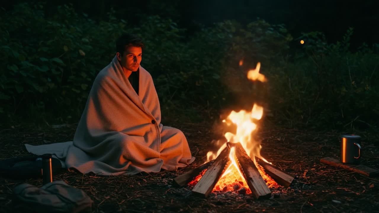 Man wrapped in blanket by a warm campfire at night