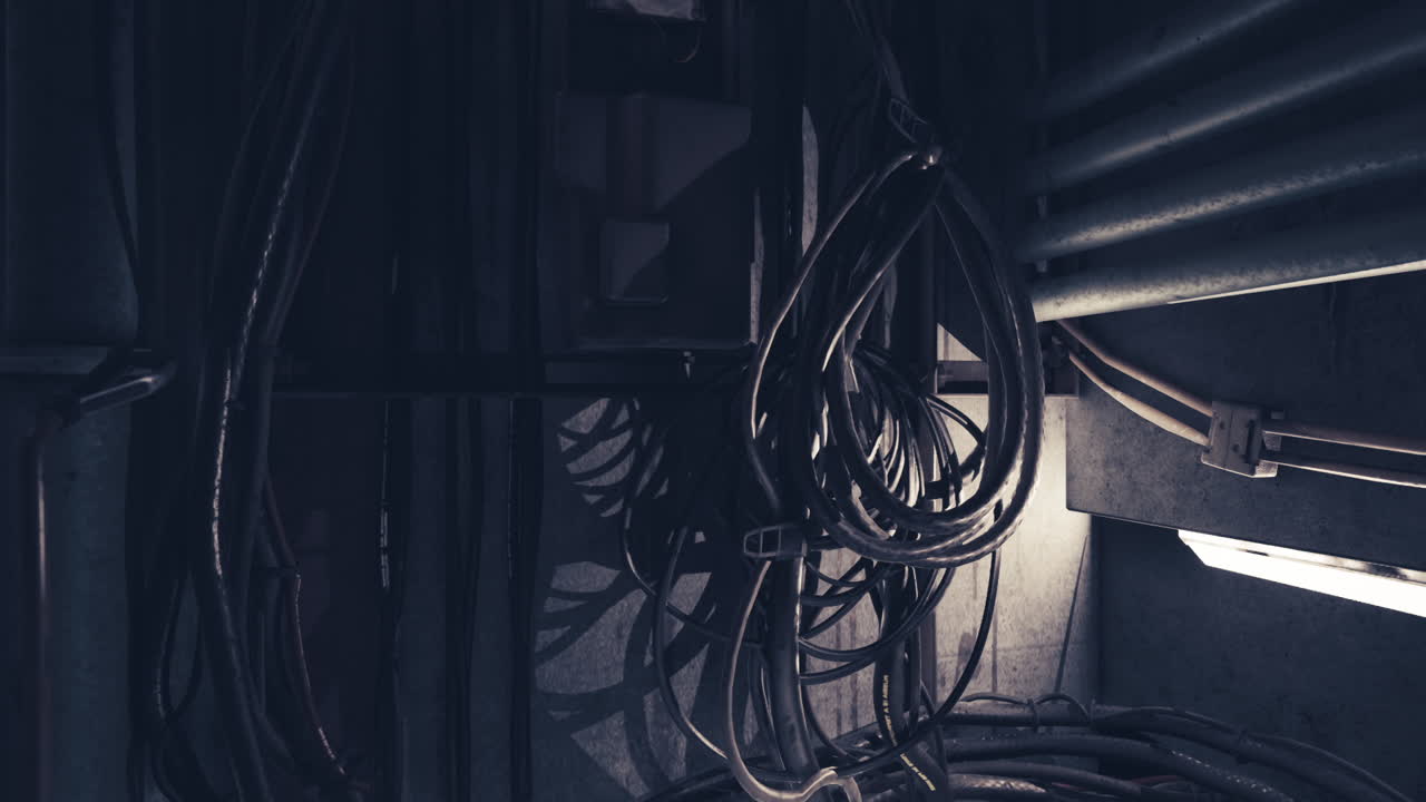Complex network of cables in a dimly lit industrial space