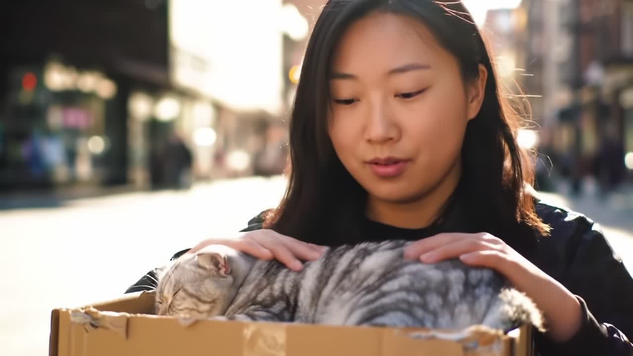 A Cozy Moment: A Young Woman Cares for Her Cat in a Box on a Sunny City Street, Sharing an Intimate Connection in an Urban Environment