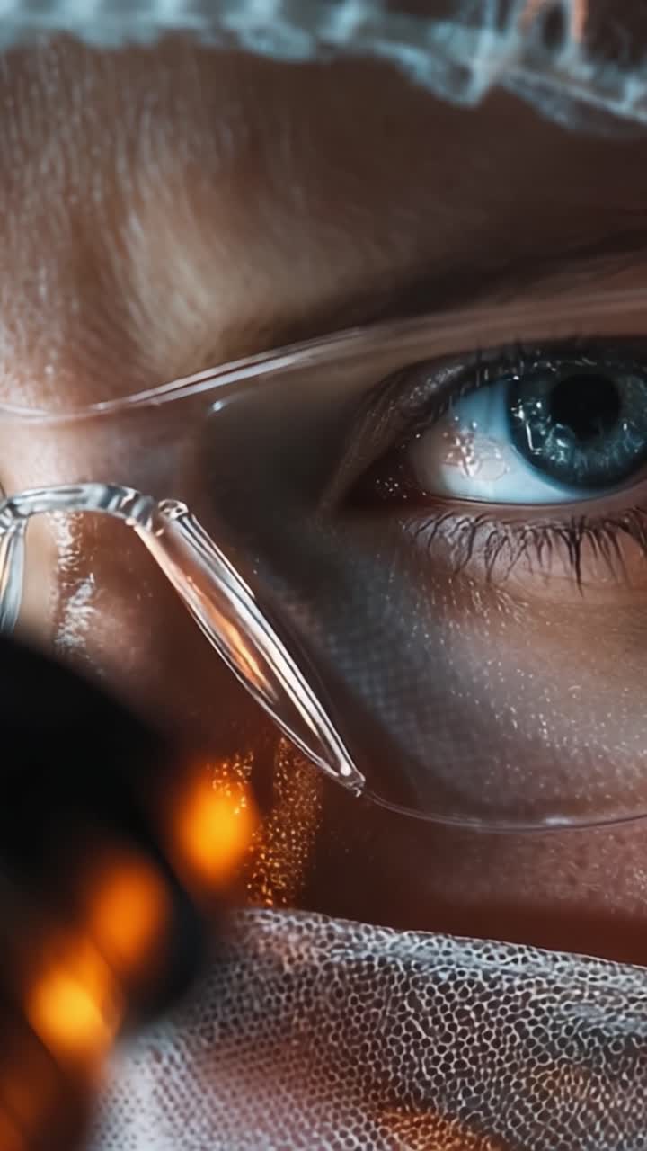 A close-up view of an attentive individual in protective gear focusing intently through a microscope, showcasing concentration and precision in a scientific examination