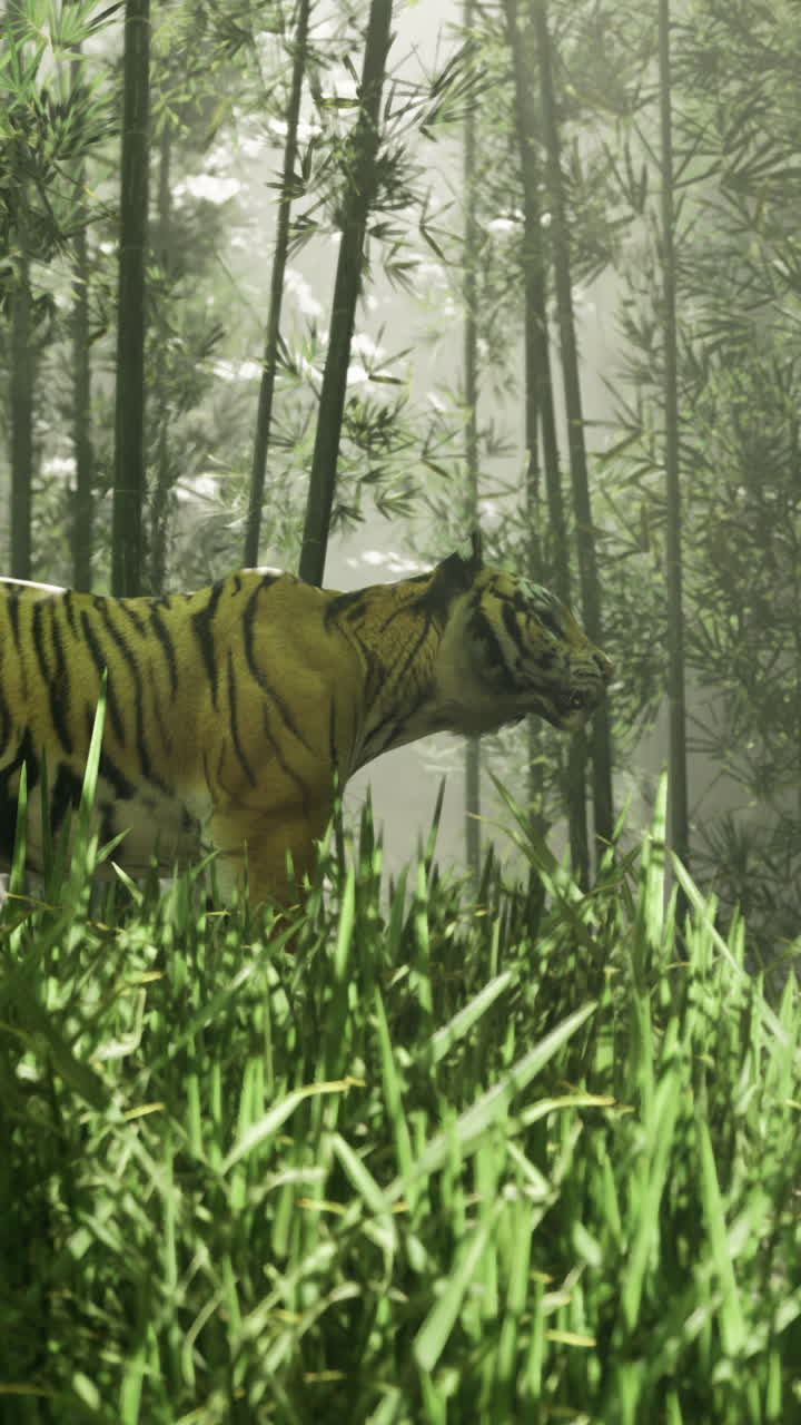 Tigre maestosa che vaga in una fitta foresta di bambù durante le ore diurne
