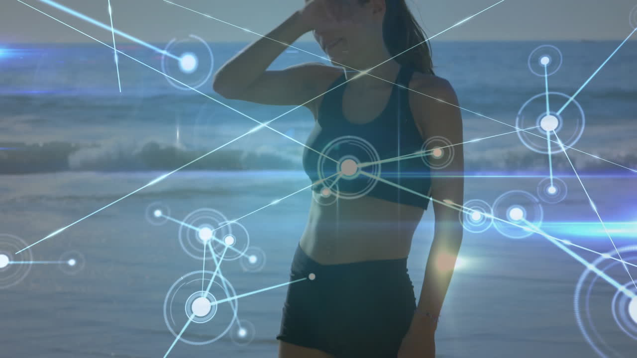 해변에서 휴식을 취하는 피곤한 백인 여성에 대한 연결 네트워크의 애니메이션