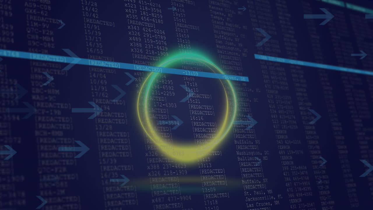 푸른 배경에 대한 데이터 처리에 대한 네온 모양과 화살표 아이콘의 애니메이션