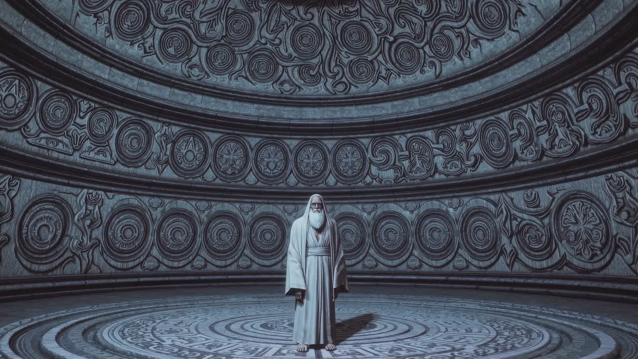 Elderly mystic standing in circular chamber, white robed, long hair and beard framing weathered face amid intricate carved architectural levels