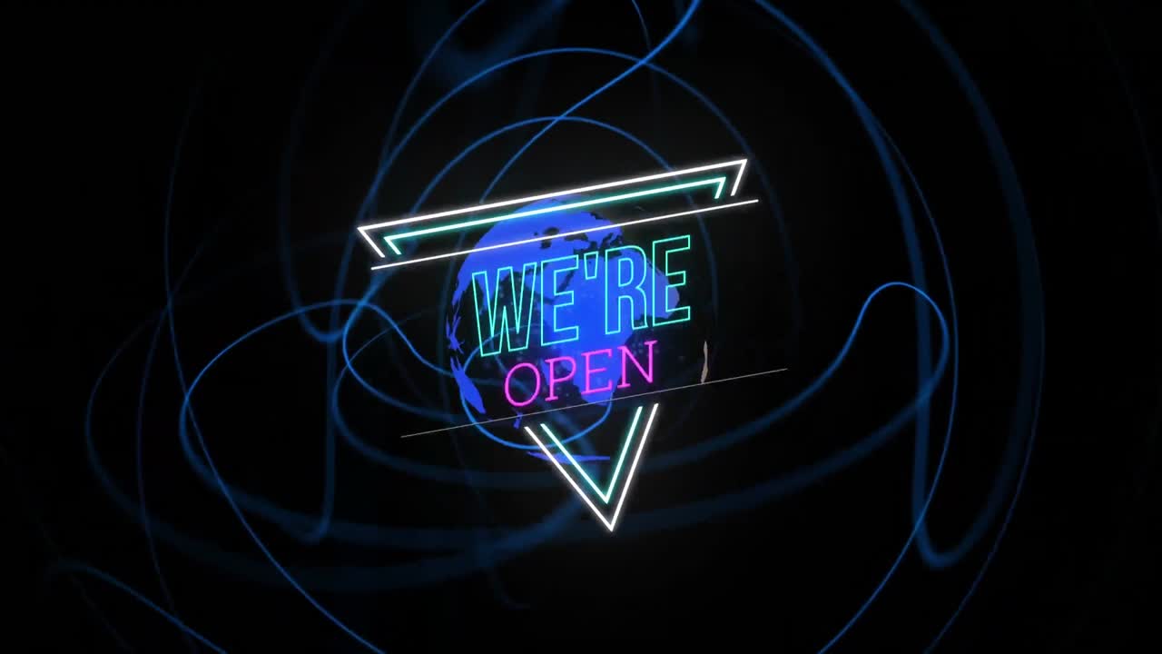 Animation of we're open neon text over globe on black background