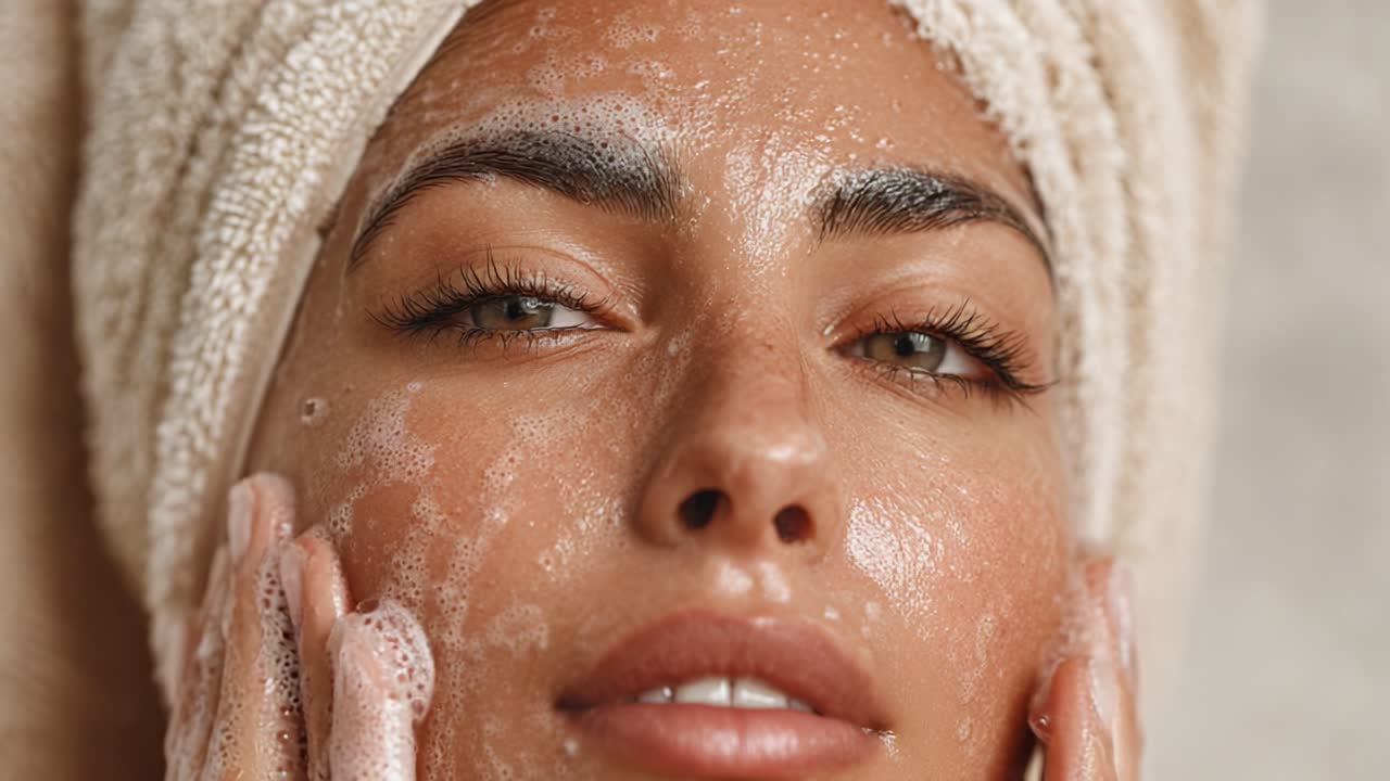 A Close-Up View of a Woman Applying a Cleansing Facial Treatment with Bubbles and Foam, Highlighting Skincare Beauty and Self-Care Rituals