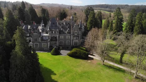 aerial view of a fairytale castle in a forrest