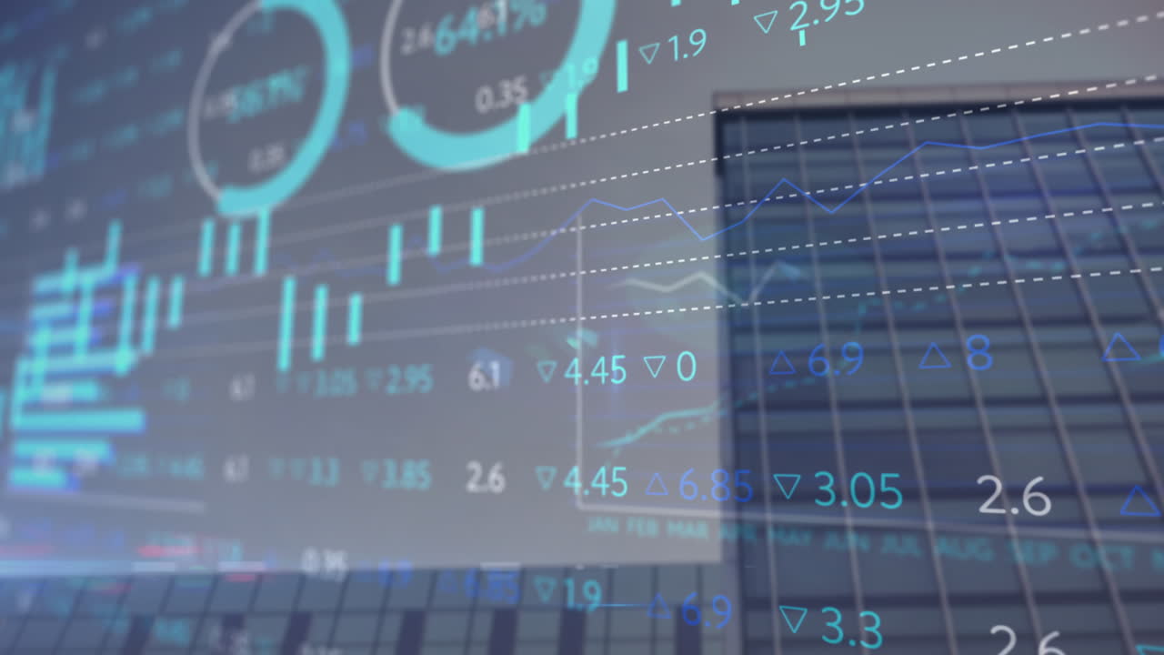 animación del procesamiento de datos financieros sobre el edificio de oficinas