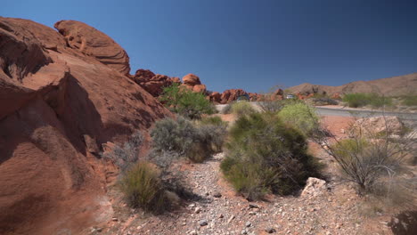 Wandern-Durch-Sandsteinformationen-Und-Büsche-Aus-Rotem-Fels,-Valley-Of-Fire-State-Park,-Nevada,-USA,-POV,-Vollbild